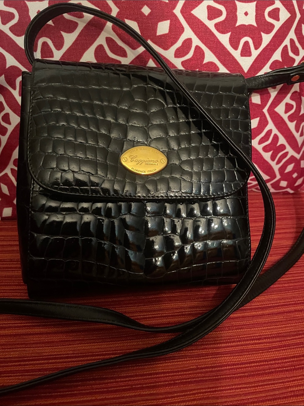 Caggiano Originale Gold-Plated Plaque Black Croc Shoulder Bag, vintage